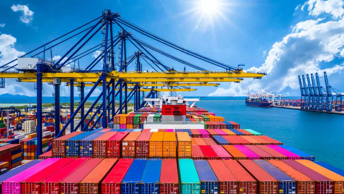Aerial view of an ocean shipping yard