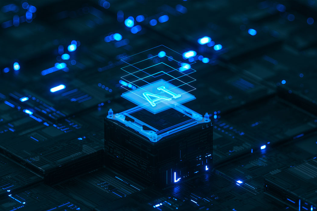 Digital graphic with a square that says AI