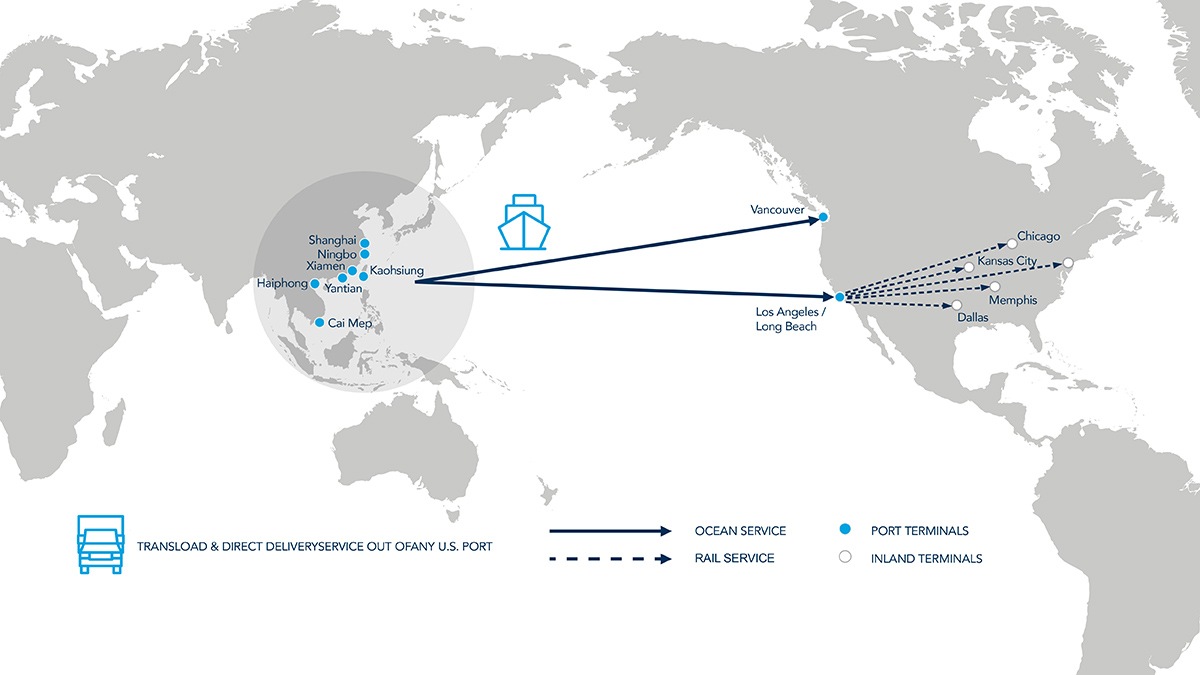 Map of C.H. Robinson expedited full container load (FCL) service routes