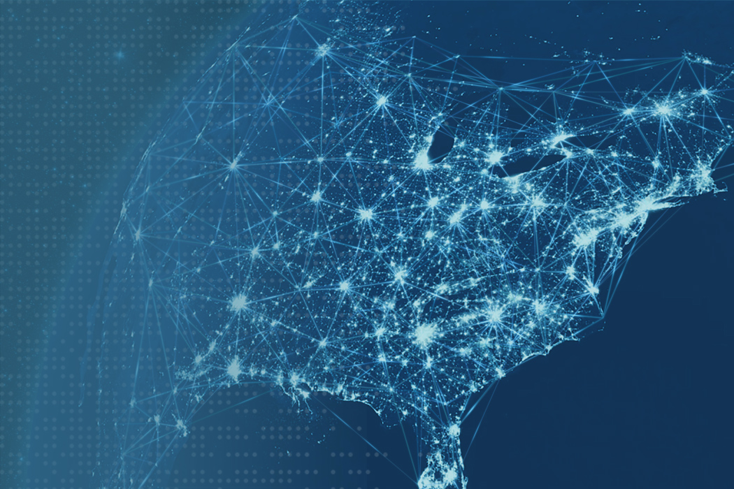 Map of the United States with lights pinpointing major cities