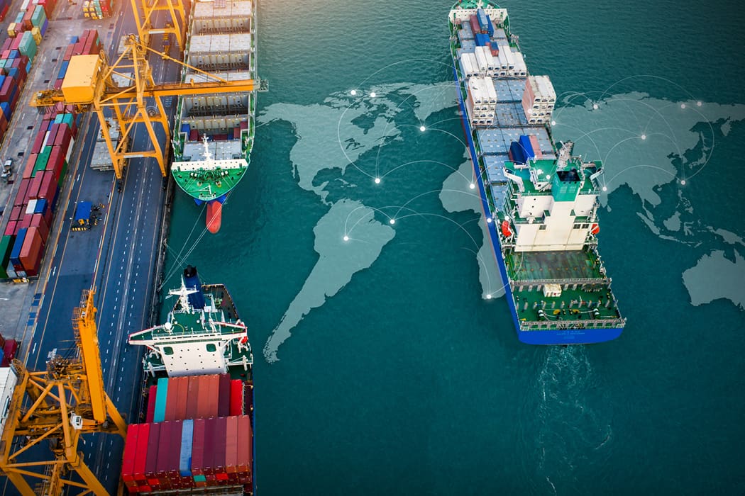 Container ship traffic transposed on global map